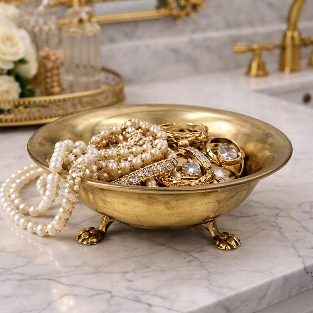Vintage Solid Brass Footed Bowl | Hollywood Regency Brass Catchall